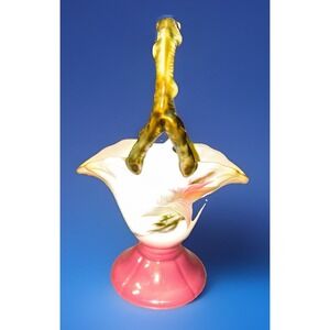 Vintage Hull Pottery Woodland Vase 8¾" Pink Floral Branch Handle Pedestal USA